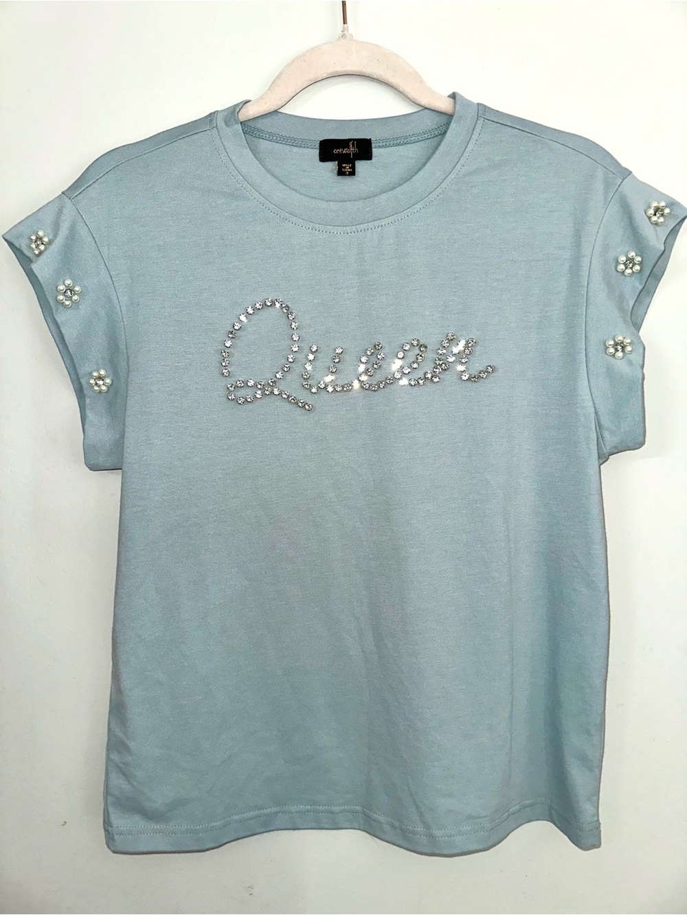 Rhinestone Beaded "Queen" Short Sleeve Tee w/ Embellished Sleeves in Light Blue